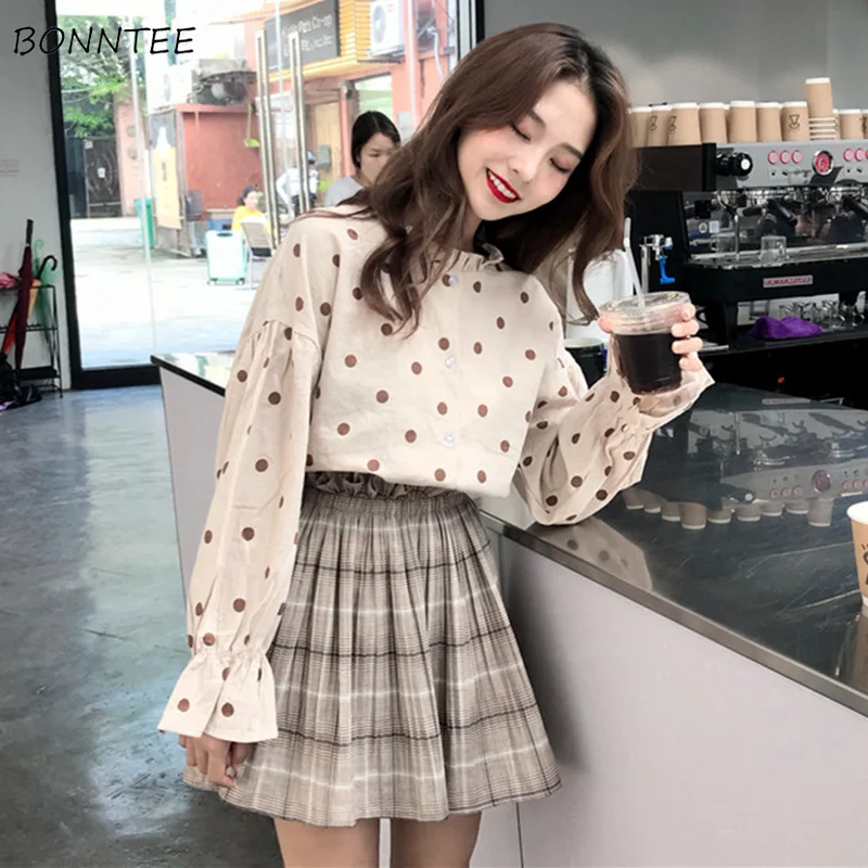 

Shirts Women 2019 New All-match School Students Sweet Polka Dot Womens Shirt Korean Style Lantern Sleeve Leisure Lovely Girl
