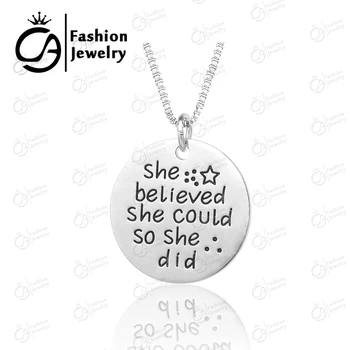 

Wholesale Handstamped She believed she could so she did Round Pendant Necklace 20Pcs/Lot #LN1197