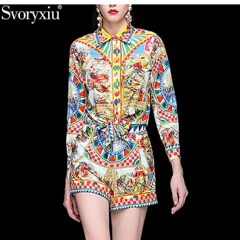 

Svoryxiu Fashion Runway Summer Shorts Two Piece Set Women's Vintage Printed Long Sleeve Blouse + Shorts Casual Sets Female