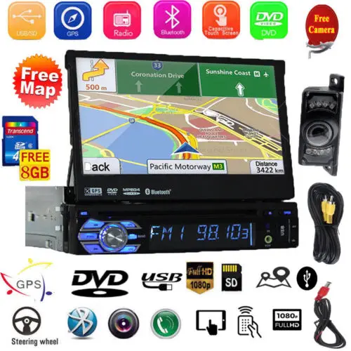 

Touch Screen Car Stereo Radio In Dash Single Din GPS Navigation DVD CD Player with Backup Camera Support Bluetooth/USB/SD/AM FM