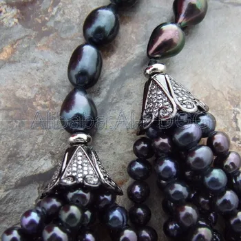 

46" mm Black Rice Pearl Necklace CZ Pendant