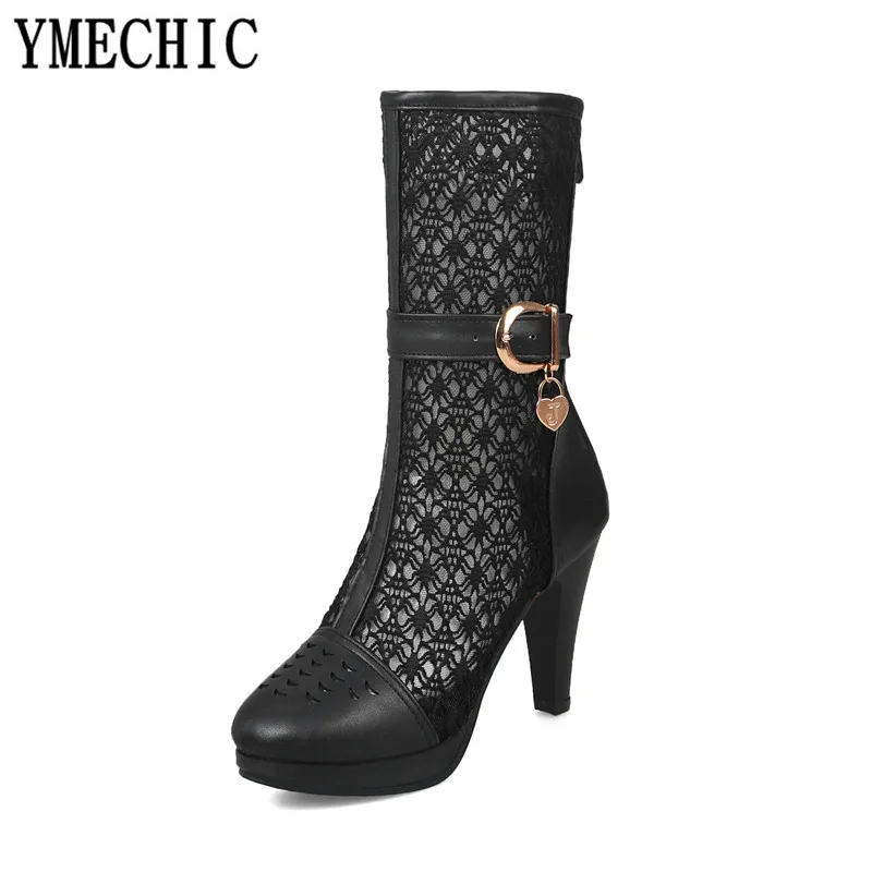 Женские сетчатые сапоги YMECHIC черные белые до середины икры на высоком каблуке