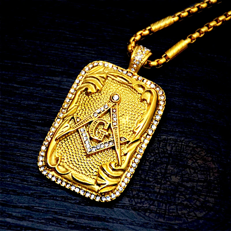 

Men's Masonic Dog Tag Pendant Necklace with CZ Men Jewelry Stainless Steel Freemason Gold Tone Rhinestone Hip Hop Accessories