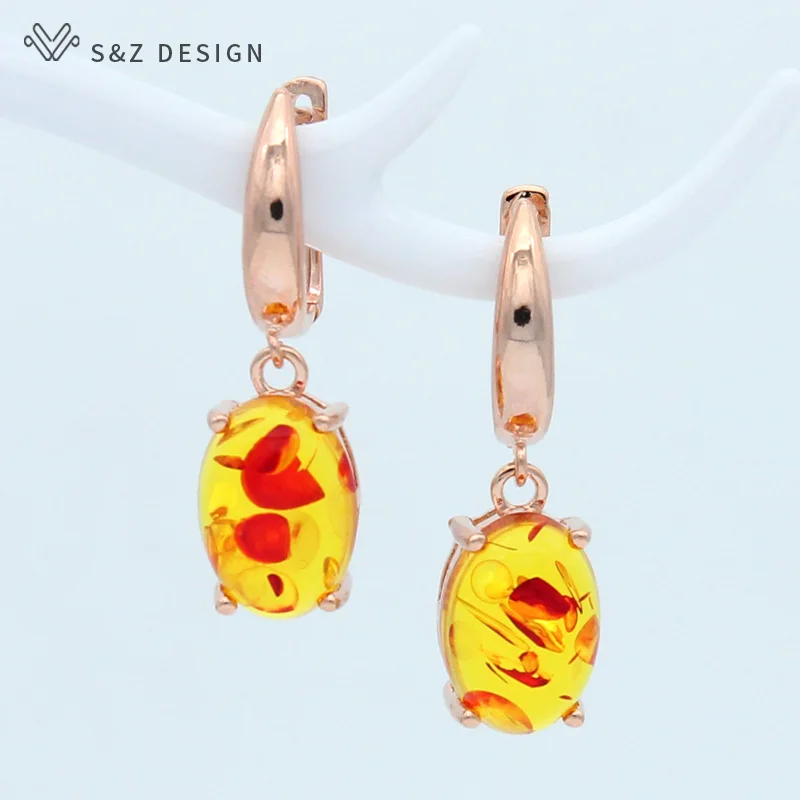 

S&Z Oval Egg Shape Colorful Flower Ambers Dangle Earrings 585 Rose Gold Lovely Eardrop Korean For Women Wedding Fine Jewelry