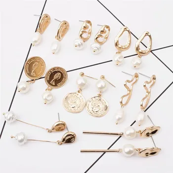 

8 style New Natural Freshwater Pearl Earrings for Women Gold Color Metal Geometric Irregular Circle Coin Medallion Drop Earrings