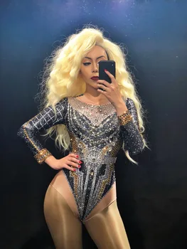 

Women DJ Fashion Crystals Leotard Long Coat Dance Outfit Stones Bodysuit Stage Performance Party luxurious Shining Dance Costume