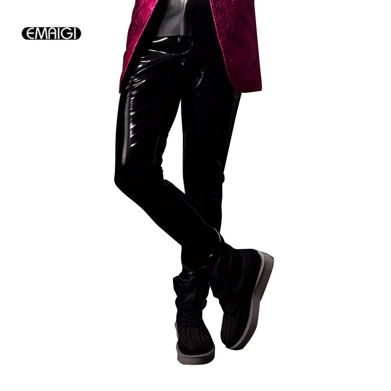 

Customize Men Leather Pant Male Fashion Casual Hip Hop Slim Fit Skinny Trousers Locomotive Pants Stage Show Costumes