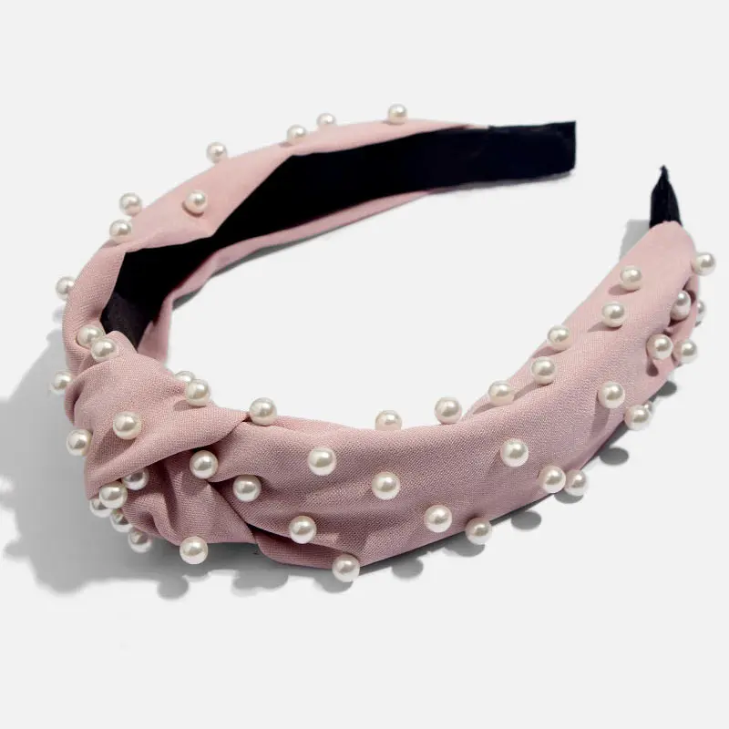 Bohemian Solid Color Soft Velvet Center Knot Wide Pearl Hairband Ladies multiple color Knotted Hairband Hair Accessories