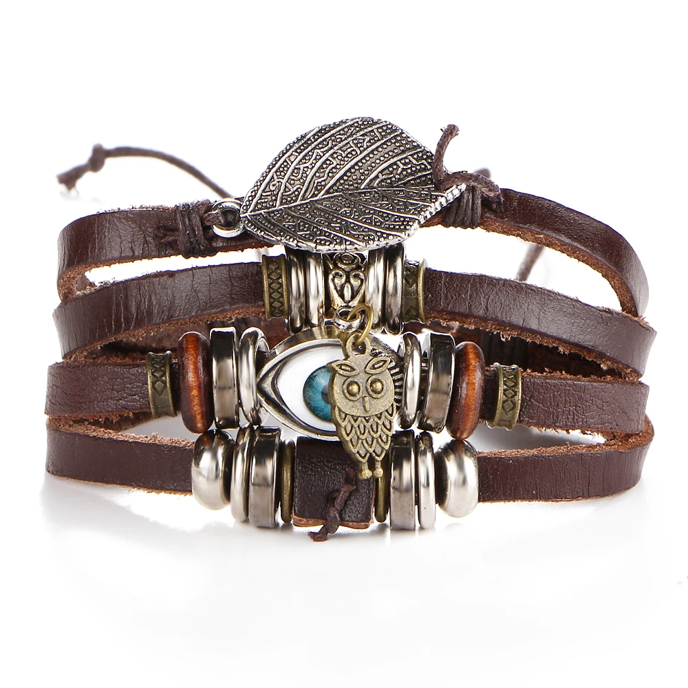 

2016 Fashion Owl Fish Beads Leather Bracelet Eye Leaf Bracelets For Man Women Girls Jewelry Accessories Pulseira Masculina