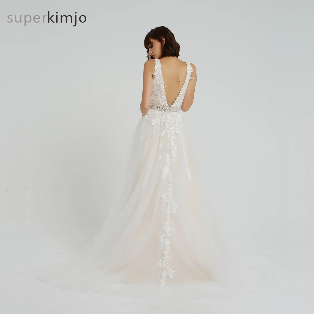 Kimjobridal платья для выпускного вечера глубоким v-образным вырезом кружева аппликации Бисер пайетки открытая спина, тюль Румяна Кот вечерние