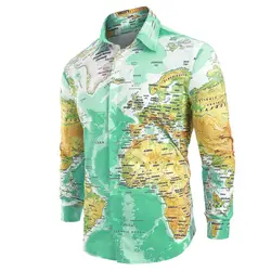 Мужские повседневные рубашки с принтом «Карта мира», скрытая рубашка на пуговицах, 5 цветов, осенние Рубашки с отложным воротником и