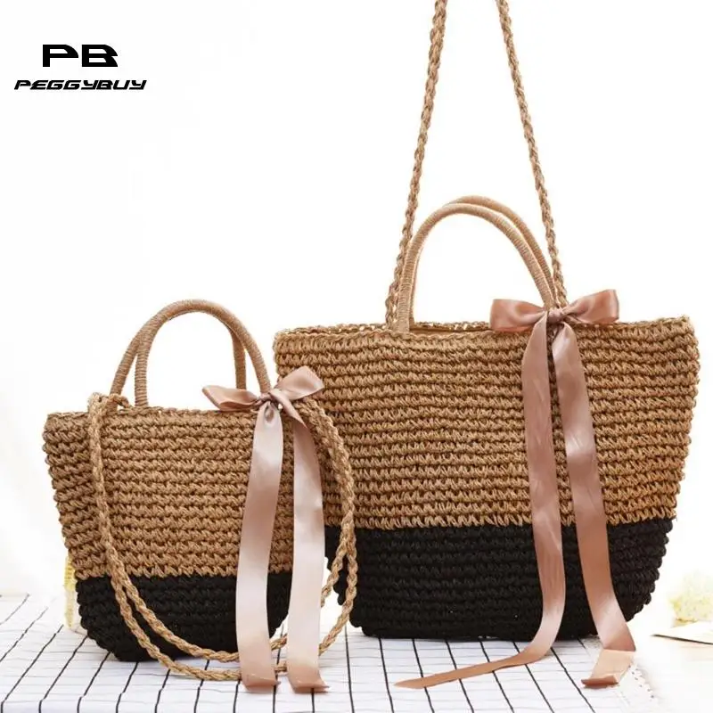 

Summer Women Ribbon Bowknot Shoulder Bag Bohemian Woven Beach Straw Bag Female Boho Beach Totes Handbags bolsos mujer 2019 New