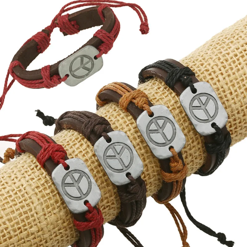 

Creative Vintage Alloy Peace Sign Leather Bracelet Women Men's Fashion Personality Handmade Woven Adjustable Jewelry Accessories
