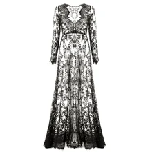 Moda verano de las mujeres asimétrico patchwork dress ahueca hacia fuera el cuello en v de encaje de manga larga vestidos maxis