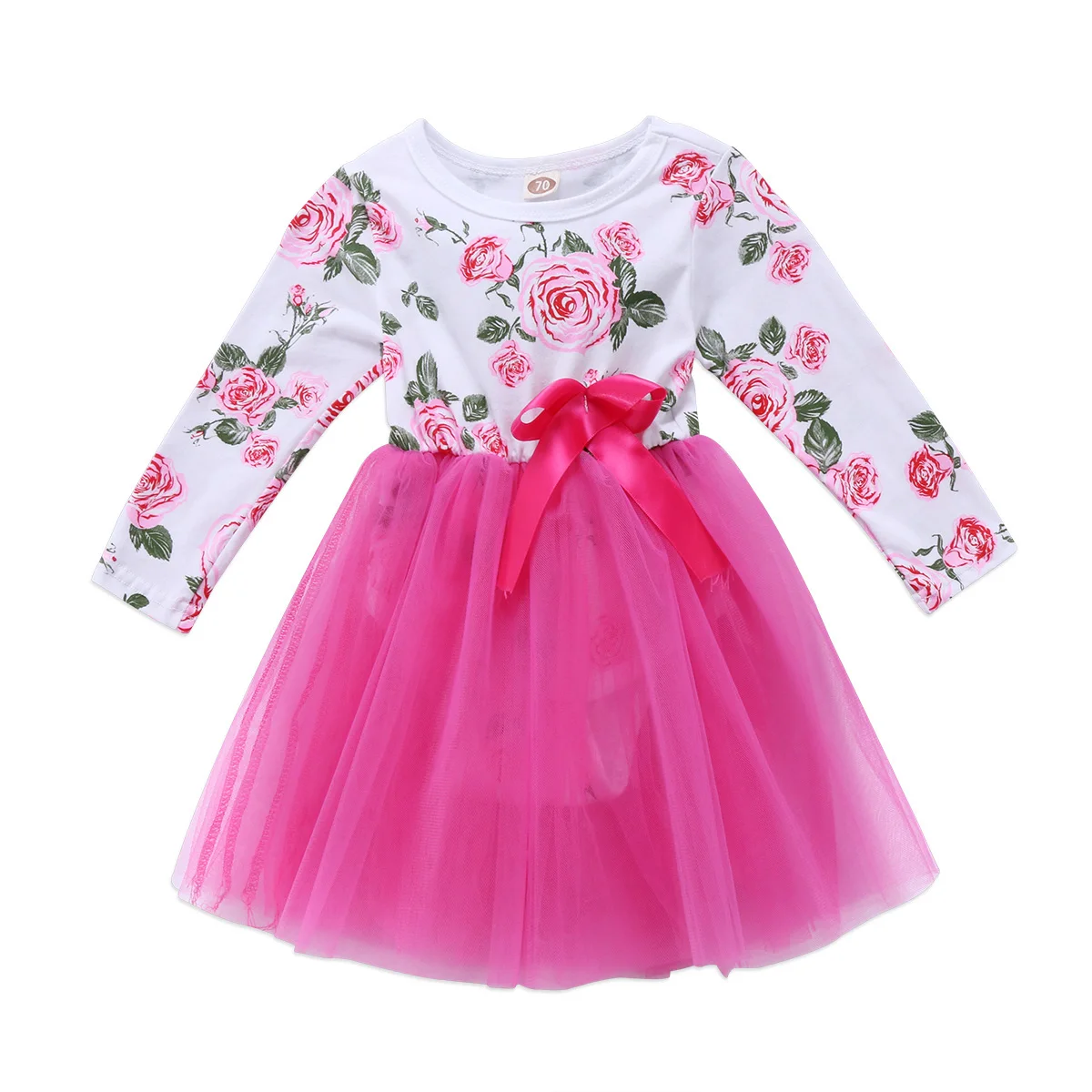 Милое Платье для новорожденных девочек, фатиновое кружевное платье с длинными рукавами и цветочным принтом, одежда - Цвет: as picture shown