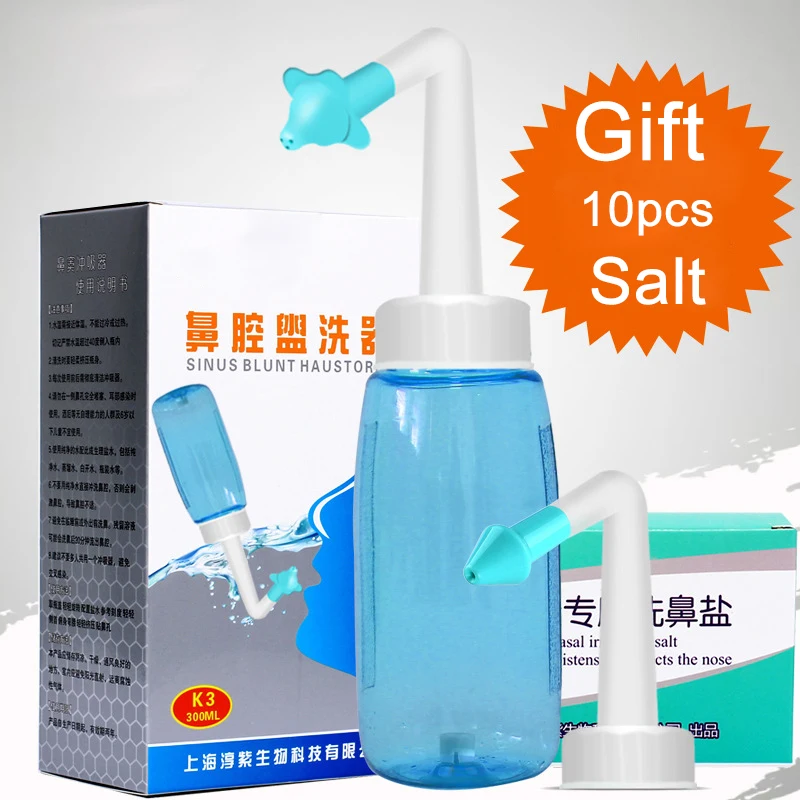 

300ML Nose Wash System Pressure Neti Pot Cleaner Bottle With 10pcs 2.7g Salt Saline Cleaning Sinus Allergies For Adults Children