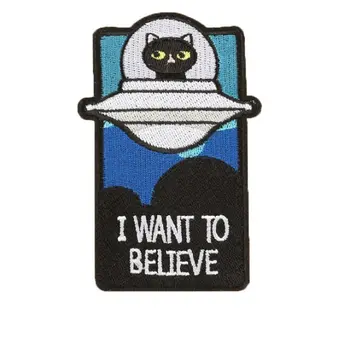 

1 PIC 2.8*4.33 INCH UFO Cat I want to Believe Cartoon Embroidery Back Adhesive Seal Patch Clothing Accessories DIY