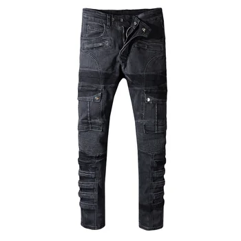 

Men's Pockets Patchwork Black Cargo Biker Jeans for Motorcycle Plus Size Slim Fit Pleated Stretch Denim Pants