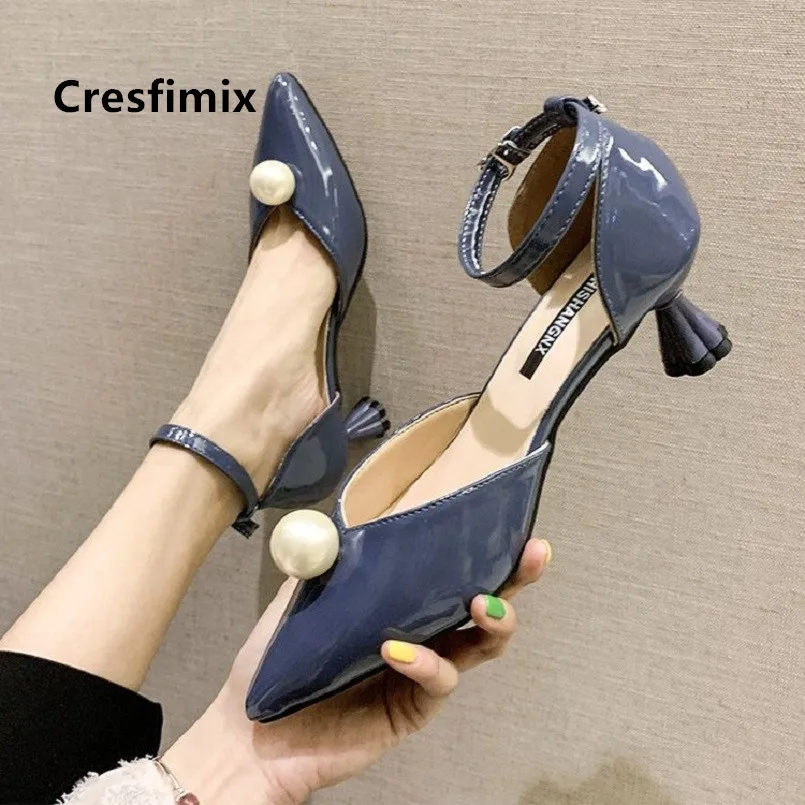 

Marlisasa Female Blue Comfortable Pearl Buckle Strap High Heel Shoes Women Lady Black Pu Leather Shoes Vrouwen Hoge Hakken F5144