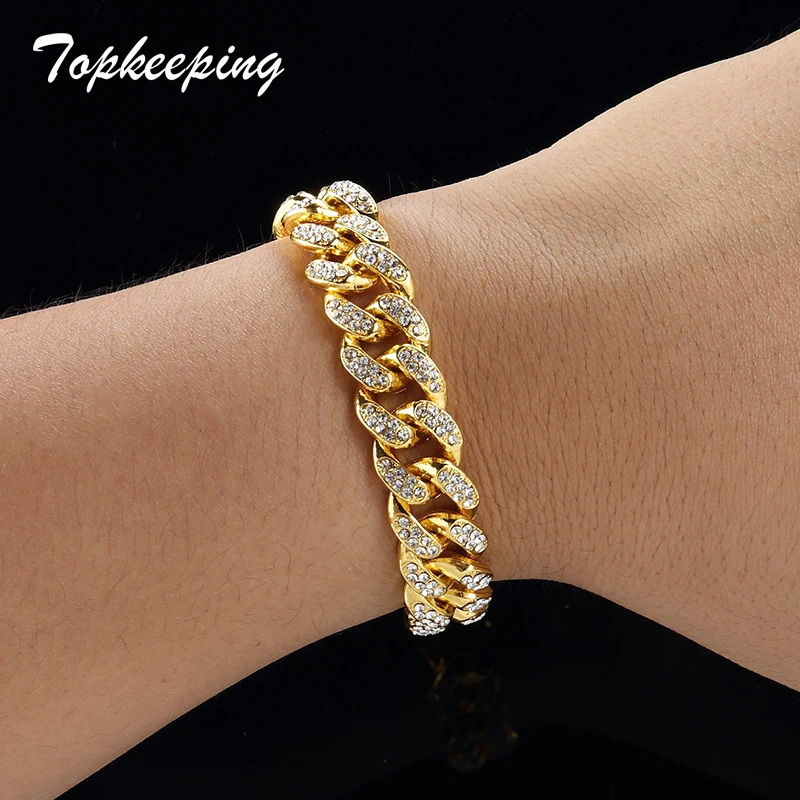 

Men Luxury Rhinestone Fashion Bracelets Unisex High Quality Bangles Gold Color Iced Out Miami Cuban Link Chain Bracelet Hip Hop