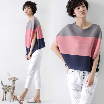 

pleated t-shirt female color block decoration loose short-sleeve top free shipping
