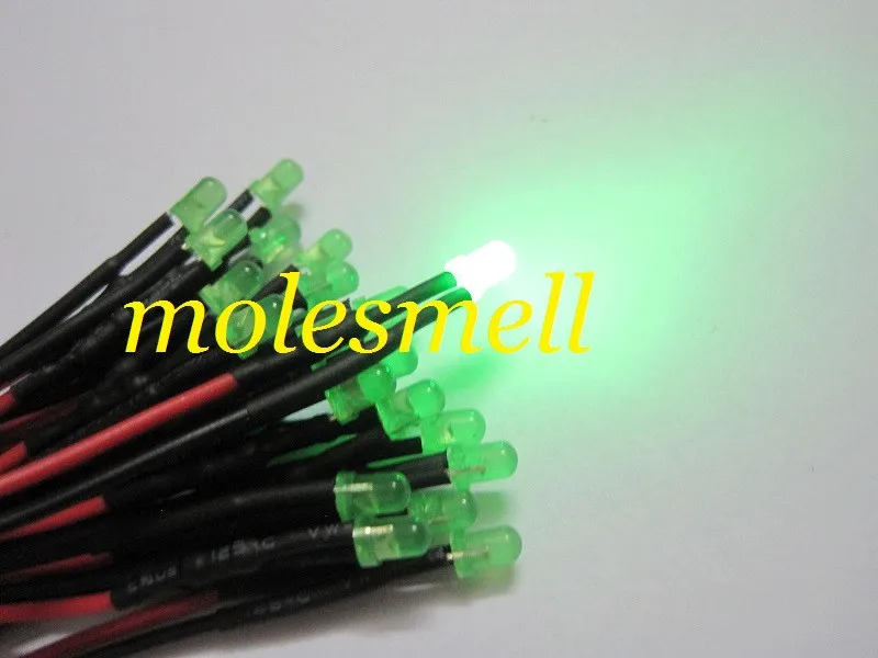 

Free shipping 100pcs diffused green LED Lamp Light Set Pre-Wired 3mm 12V DC Wired