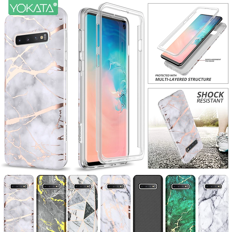 Мягкий мраморный чехол Yokata 2 в 1 для samsung Galaxy S10 Plus противоударный полный защитный