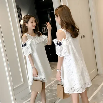 

Pregnant womens clothing dresses summer fashion crochet hollowed out pure cotton A-type white maternity dress