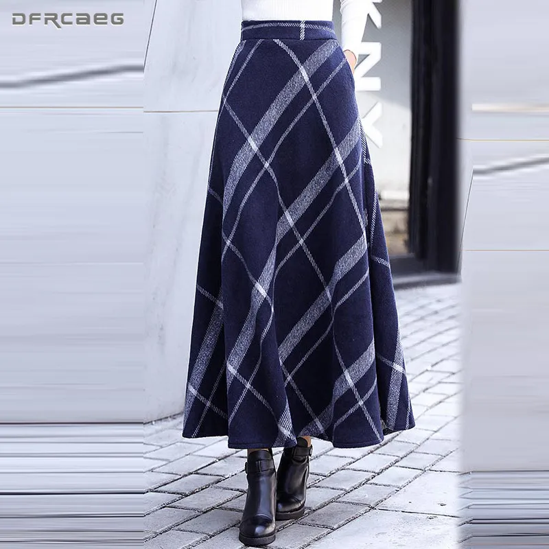 

Warm Woolen Maxi Skirts Womens Winter 2020 Fashion High Waist Vintage Wool Pleated Skirt Casual Ladies Plaid Saia Longa Femme