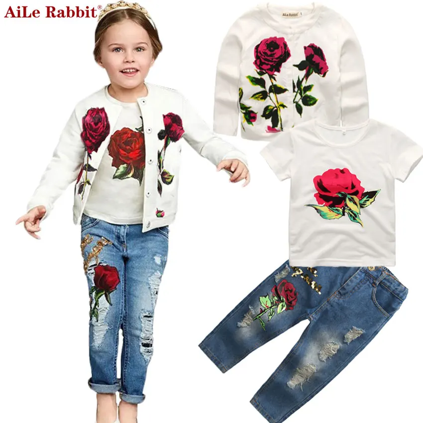 AiLe Rabbit/Новинка осени, комплект одежды для девочек, куртка футболка, джинсы комплект из 3 предметов, модный розовый кардиган, топы, Детская куртка с блестками, k1
