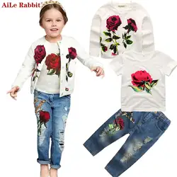 AiLe Rabbit/Осень Новые Комплект одежды для девочек куртка футболка джинсы 3 шт. Модный комплект розовый кардиган Топы с блестками Детское