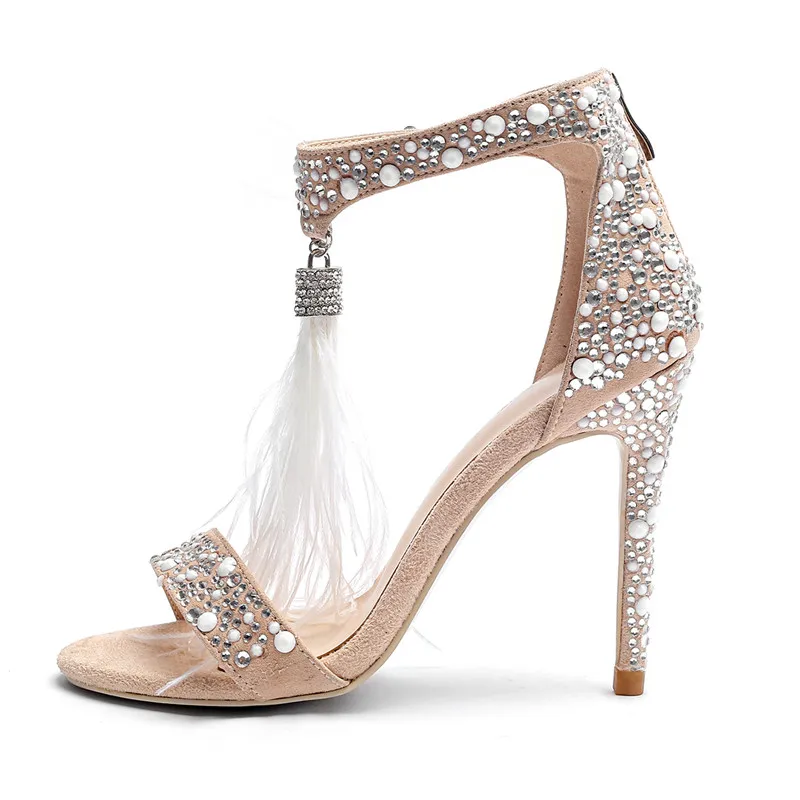 

2019 Open Toe Word Belt Feather Stilettos High Heels Sandals Ankle Strap High Heels Feathers Diamonds Heels Party Sandals Women