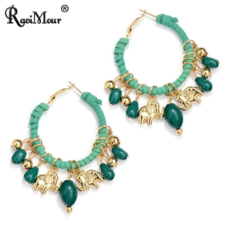 

RAVINOUR Bohemian Boho Hoop Earrings for Women Indian Jewelry Gold Elephant Charms Earings Beads Tassel Small Ear Cuff Vintage