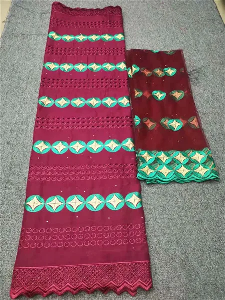 

Nice wine color African cotton fabric Swiss voile lace fabric and 2Y French tulle net lace fabric for dress set NCN11(5y+2y)