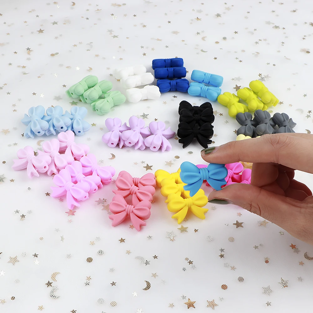 Bowknot Silicone Beads Silicone Teething Toys Silicone Beads Silicone Teether Silicone Teething Beads For Baby Necklace Teether BPA Free Baby Pacifier Chain DIY Accessories 10Pc