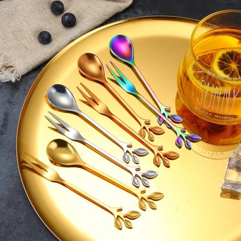 

2pcs/set Nordic stainless steel leaf spoon fork creative branch Coffee honey stir Spoon Cutlery Flatware Tableware wedding gifts