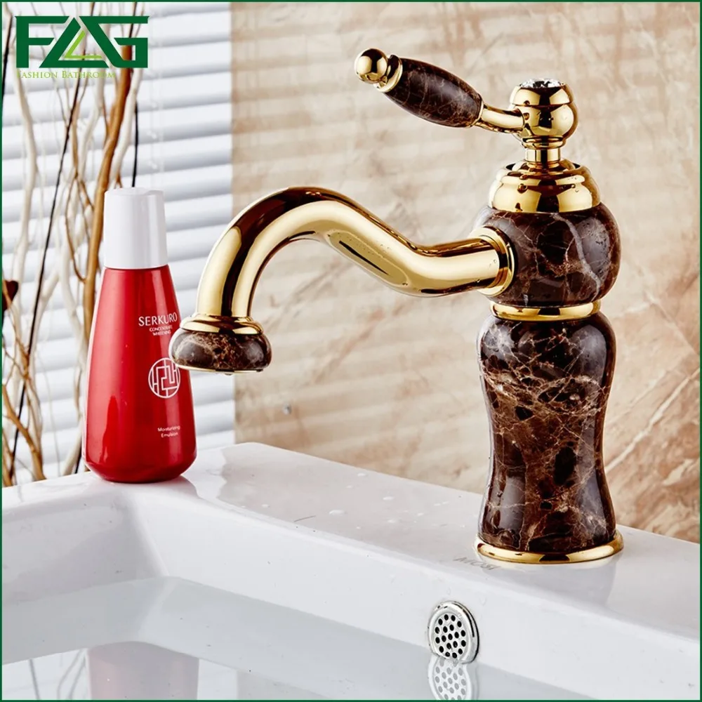 Luxury Basin Faucet Cold with Diamond and Jade Golden Classic Bathroom Faucet Vintage Tap Single Lever Washbasin Mixer FLG100098