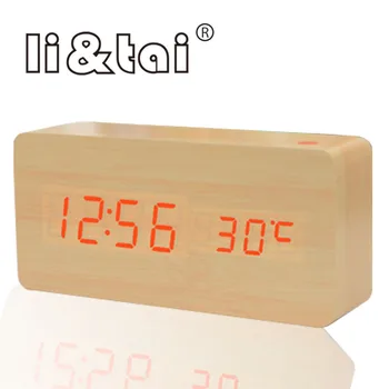 

Digital Wooden LED Alarm Clock modern Style Temperature Sounds Control Calendar LED Display Electronic Desktop Table wood Clock