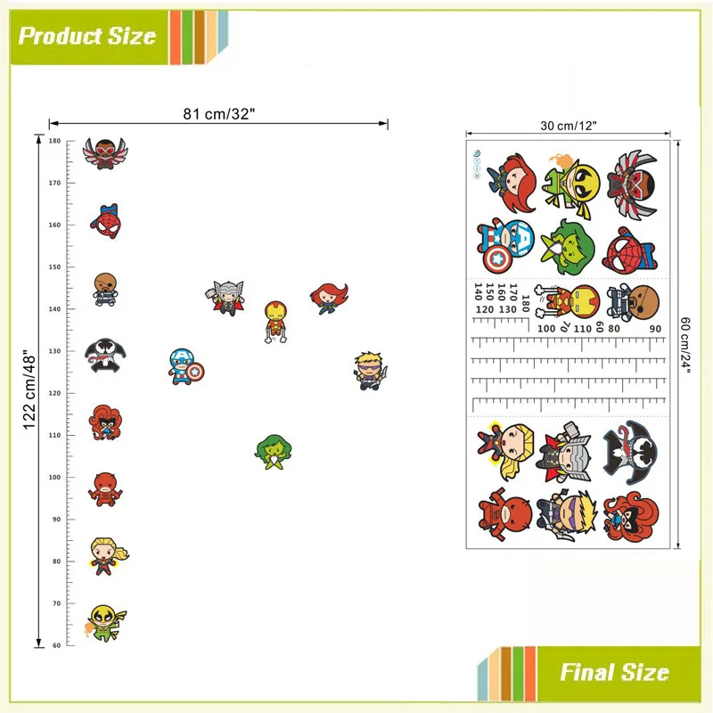 Мстители высота измерения диаграммы Наклейки на стены для детской комнаты наклейки искусство детская комната украшения плакат мультфильм мальчик подарок