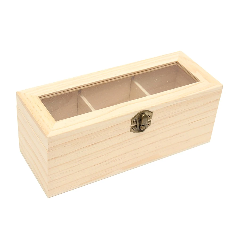 

Gift Wooden 3 Compartments Protective Multifunction Vintage Storage Box Tea Glass Lid Display Case Durable Container Solid