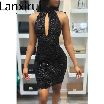 

Sexy See Through Party Dresses Women Off Shoulder Black Mini Backless Mesh Sequin Summer Dress Club Vestido De Festa