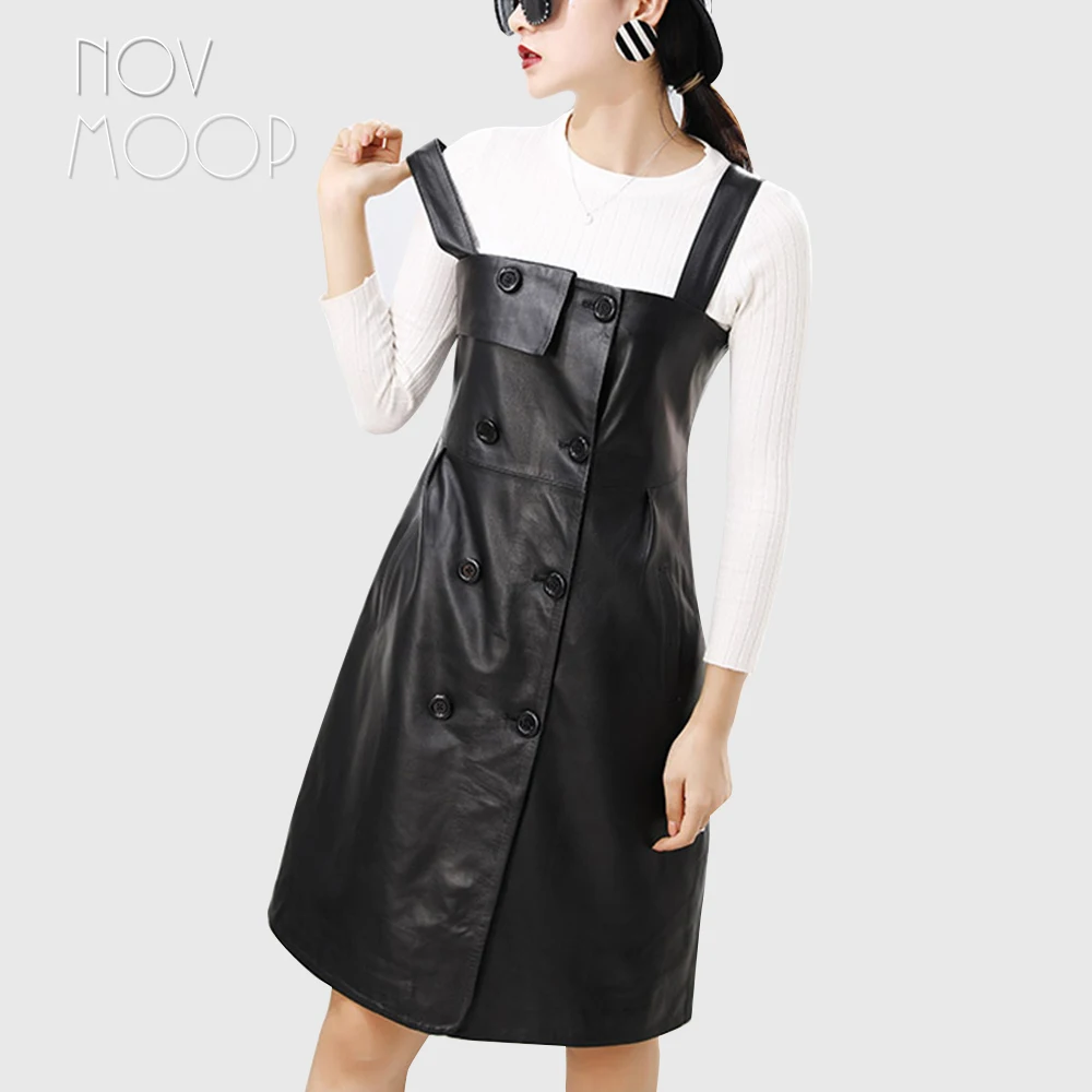 

2018 New autumn spring women black genuine leather real lambskin strap pinafore A-line dress front button jurken robe LT2570