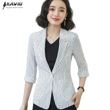 

Naviu Striped Jacket For Women Summer Wear Female Casual Style Fashion Coat Half Sleeve Blazer Single Button Tops Outwear
