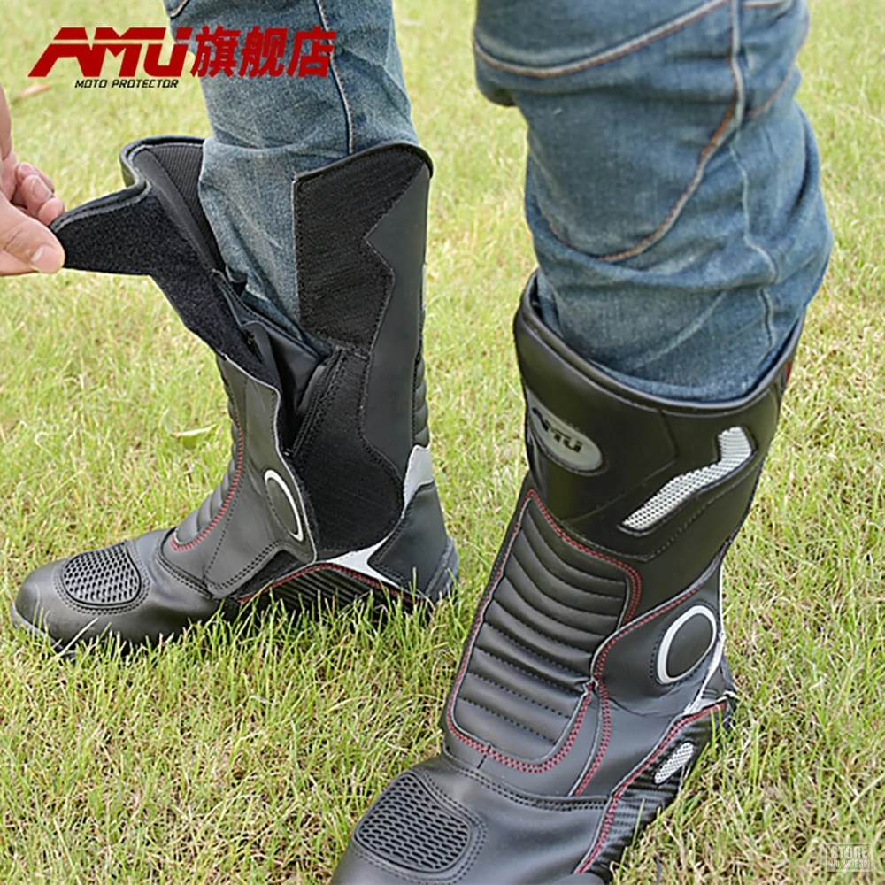 AMU/мотоциклетные ботинки; кожаные ботинки для мотокросса; мужские мотоциклетные ботинки для верховой езды; обувь в байкерском стиле с защитой; мотоциклетные высокие облегающие сапоги