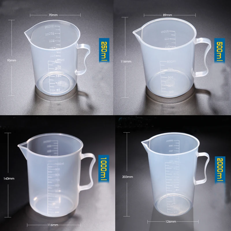 

1set (250ml,500ml,1000ml,2000ml) Plastic beaker with handle Measuring Cup Food Grade PP School laboratory Kitchen Supplies