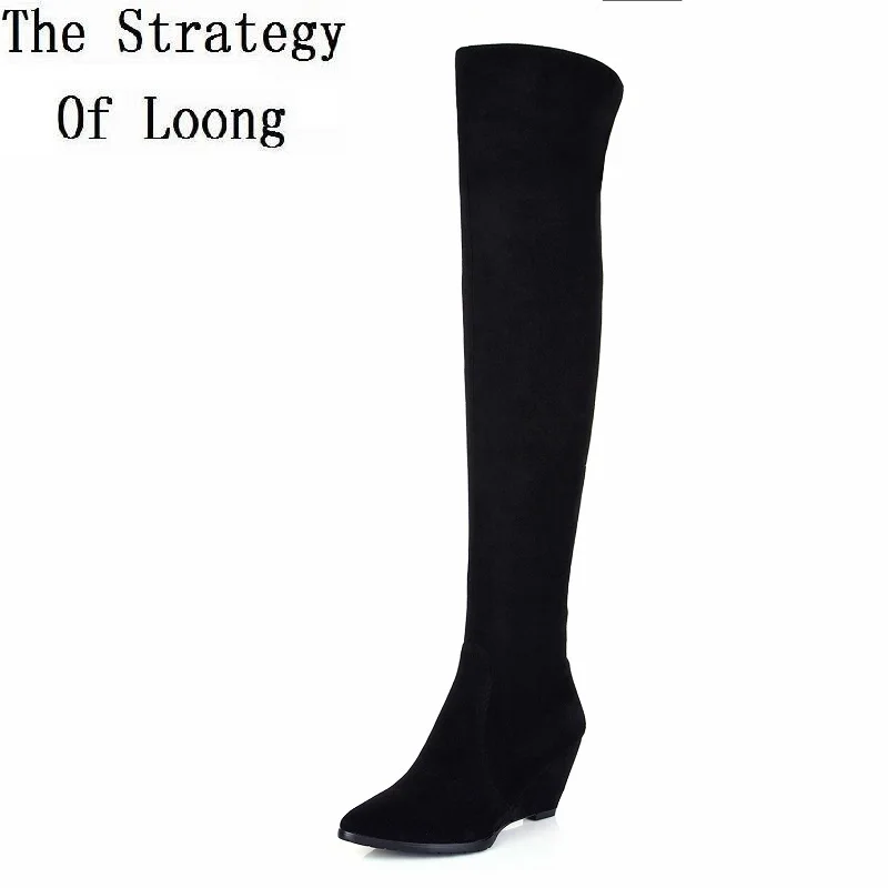 Genuine Leather Women Over The Knee Boots Pointed Toe Wedge Heels Thick Warm Lady Winter Long Boots Plus Size 43 44 45 Big Size fashion slim rivets thick heel pointed toe zip winter snow boots genuine leather stretch fabric over the knee boots women boots