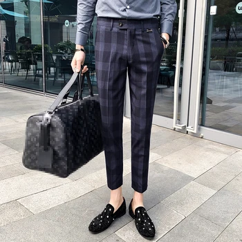 

Plaid Check Men Dress Pant Slim Fit Blue Brown Pantalon Costume Homme Summer Dress Pants For Men Pantalon De Vestir Hombre