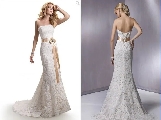 Luxury Strapless Open Back Satin Sash Lace Mermaid bridal Dresses 2014 Women Ivory Bridal Gowns with Train | Свадьбы и торжества