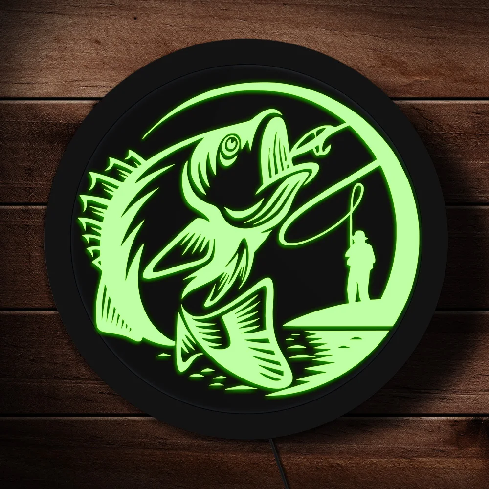 

Fishing LED Illuminated Plexi Glass Display Sign Sea Bass Fish Light Up Logo LED Hanging Board Fisherman Personalized Home Decor