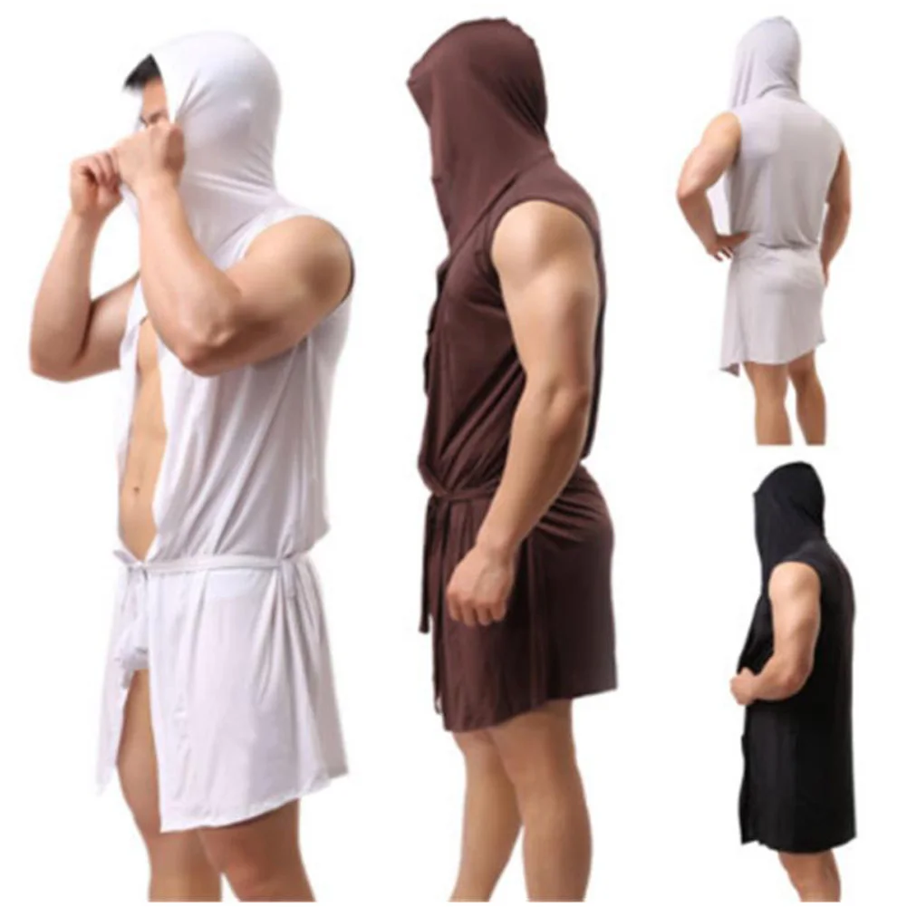 Модный мужской балахон с капюшоном без рукавов черный белый серый кофе сексуальный мужской летний шелковый халат Мужская пижама-халат